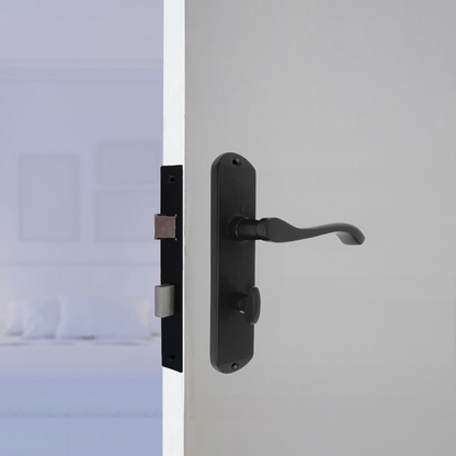 Cadenza Door Handles on Backplate Matt Black Scroll Bathroom Lock Handle