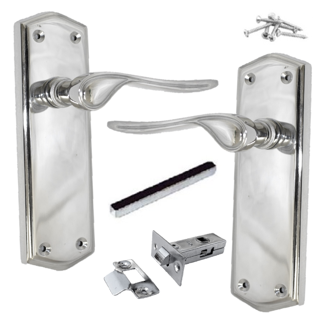Door Handles CHROME Stellar Latch Set Shaped Backplate with Tubular Latch