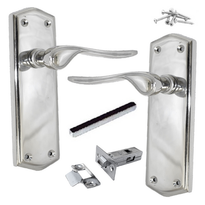 Door Handles CHROME Stellar Latch Set Shaped Backplate with Tubular Latch