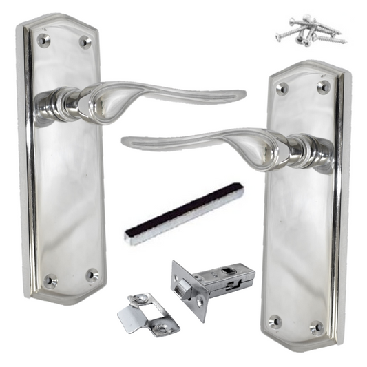 Door Handles CHROME Stellar Latch Set Shaped Backplate with Tubular Latch