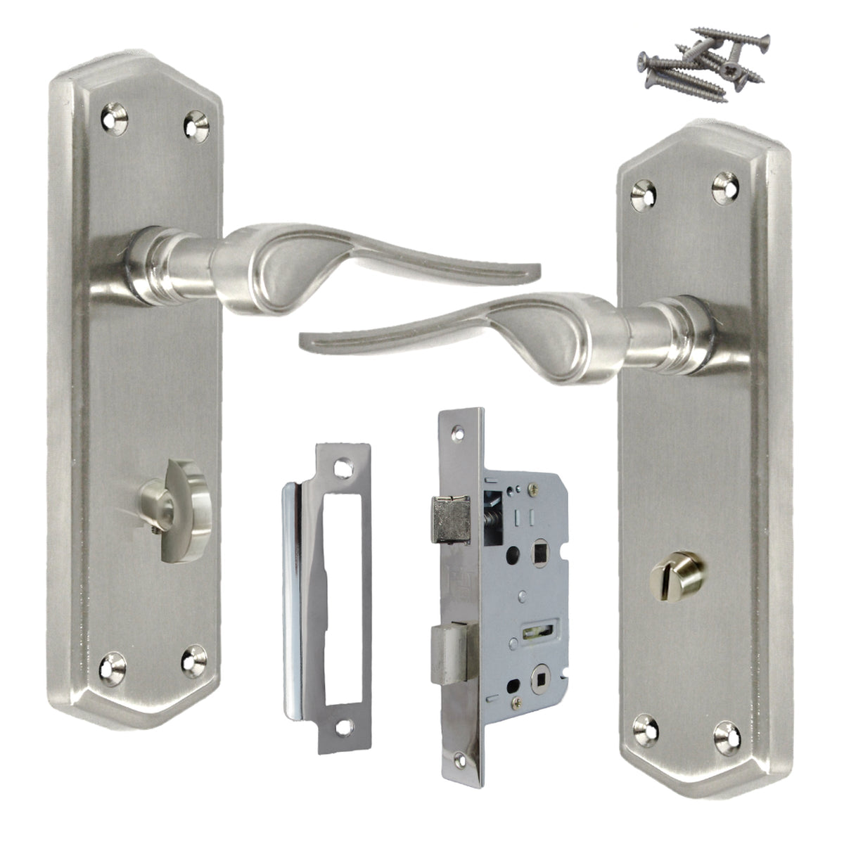 Marketplace JPG companion for Door Handle Satin Stellar Bathroom Handle Shaped Backplate + Bath Lock