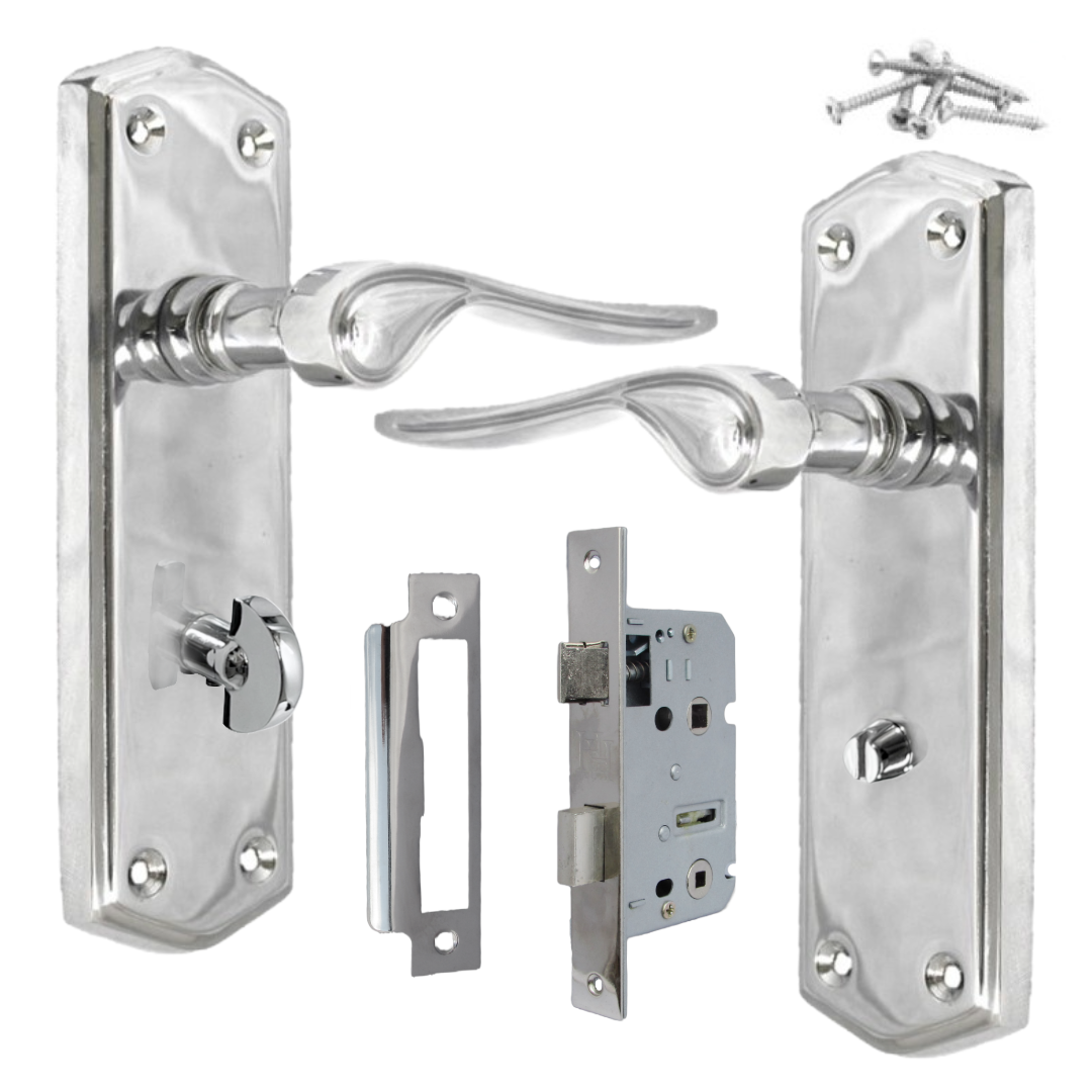 Poignées de porte de salle de bain CHROME Stellar sur plaque arrière + serrure de baignoire
