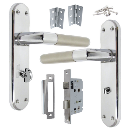 Door Handles Mitred Straight Lever Bath Lock Pack Duo - Chrome Satin 180mm x 40mm Hinges