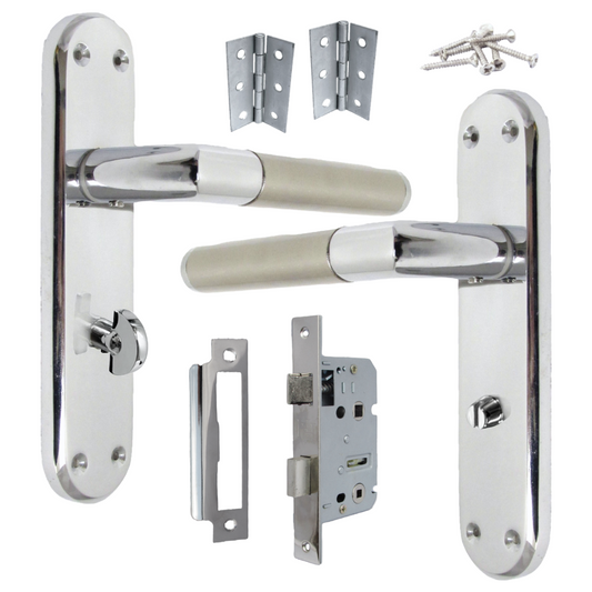 Door Handles Mitred Straight Lever Bath Lock Pack Duo - Chrome Satin 180mm x 40mm Hinges
