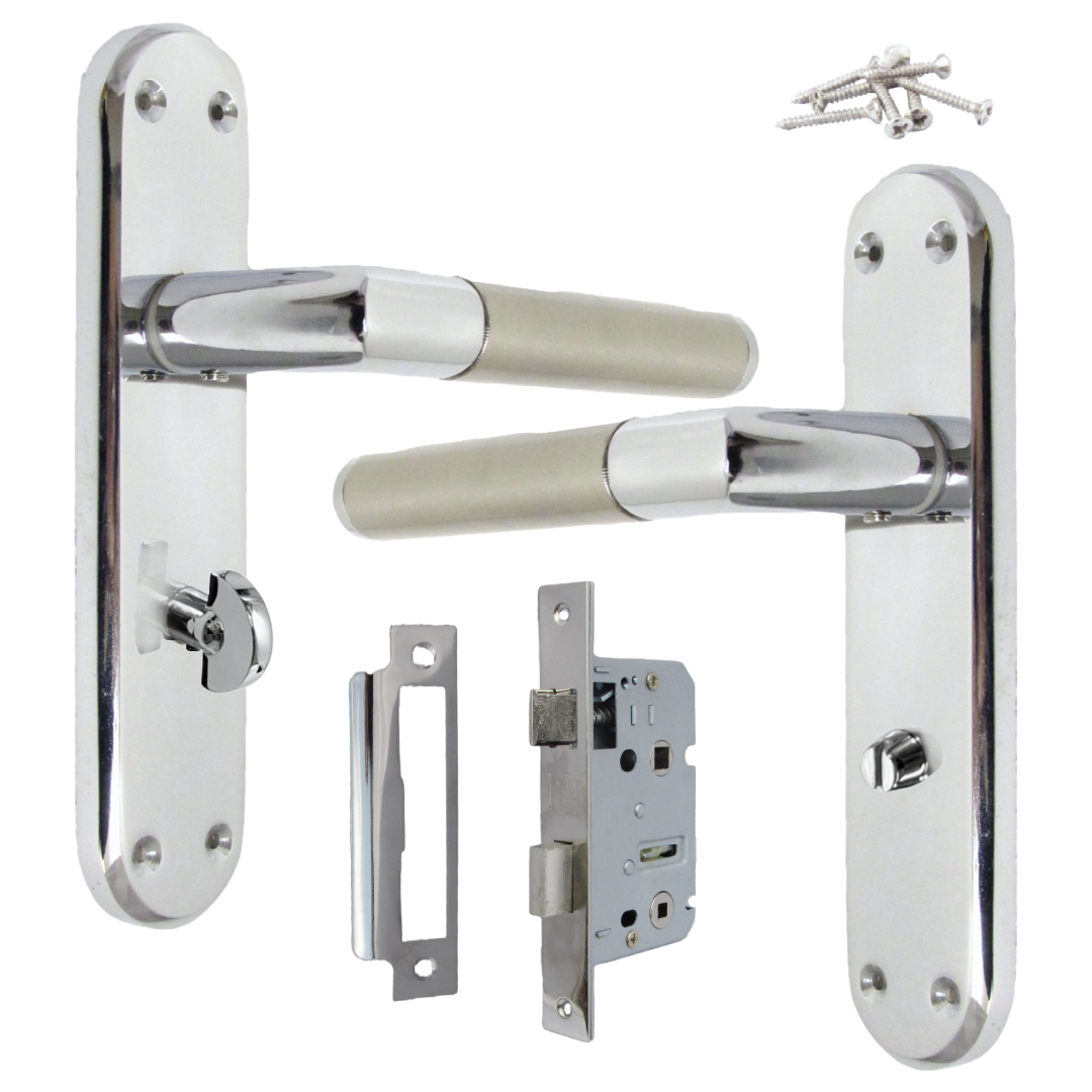 Poignées de porte à onglet, levier droit, serrure de salle de bain, pack duo - Chrome satiné 180 mm x 40 mm