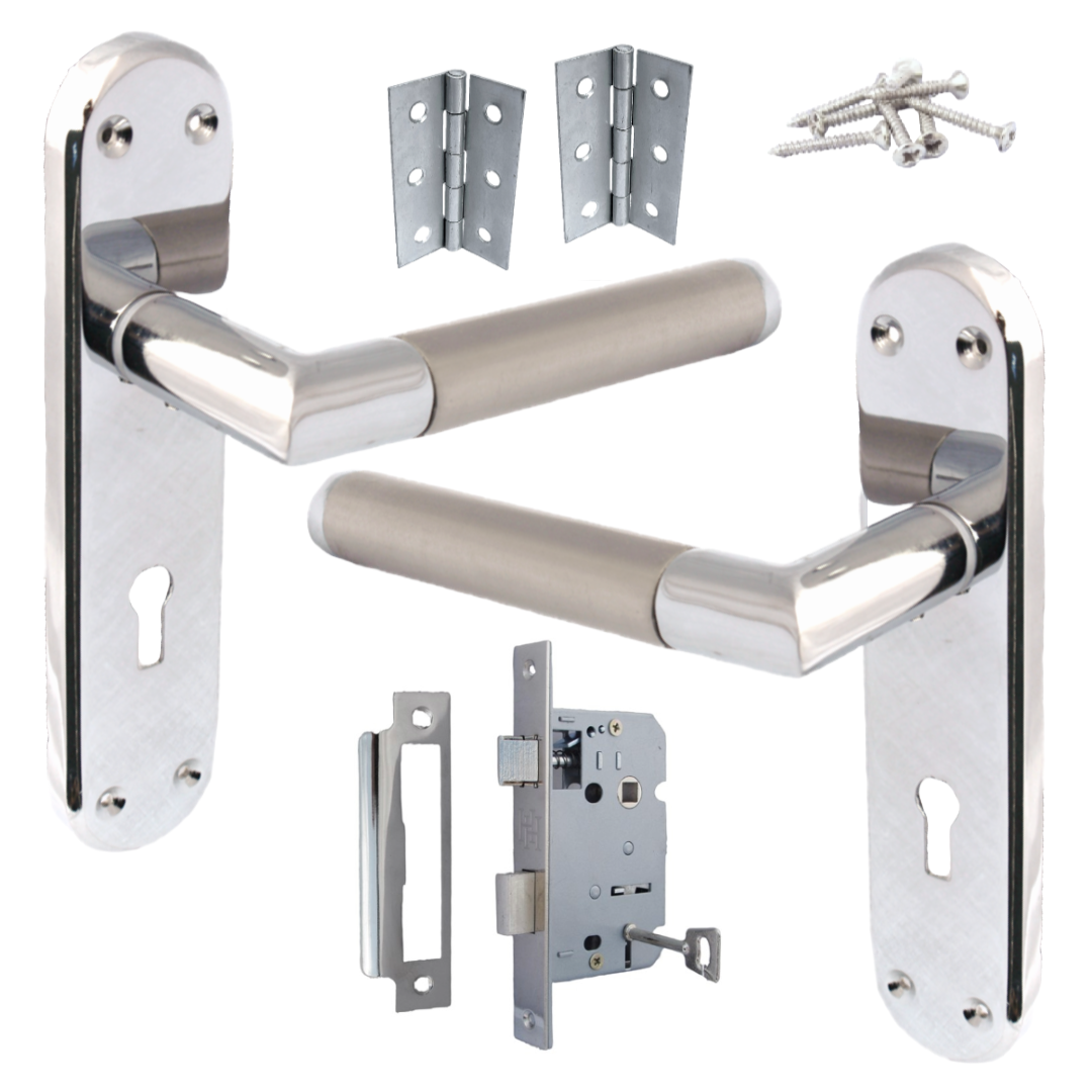 Pack de poignées de porte à levier droit à onglet Duo - Chrome satiné 180 mm x 40 mm Charnières