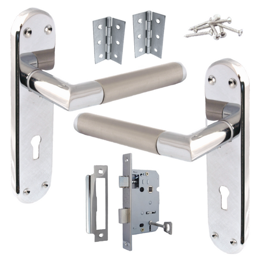 Door Handles Pack Mitred Straight Lever Lock Set Duo - Chrome Satin 180mm x 40mm Hinges