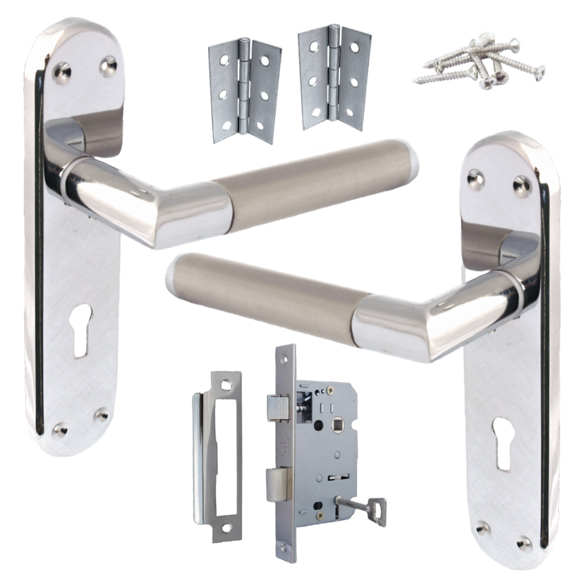 Marketplace JPG companion for Door Handles Pack Mitred Straight Lever Lock Set Duo - Chrome Satin 180mm X 40mm Hinges