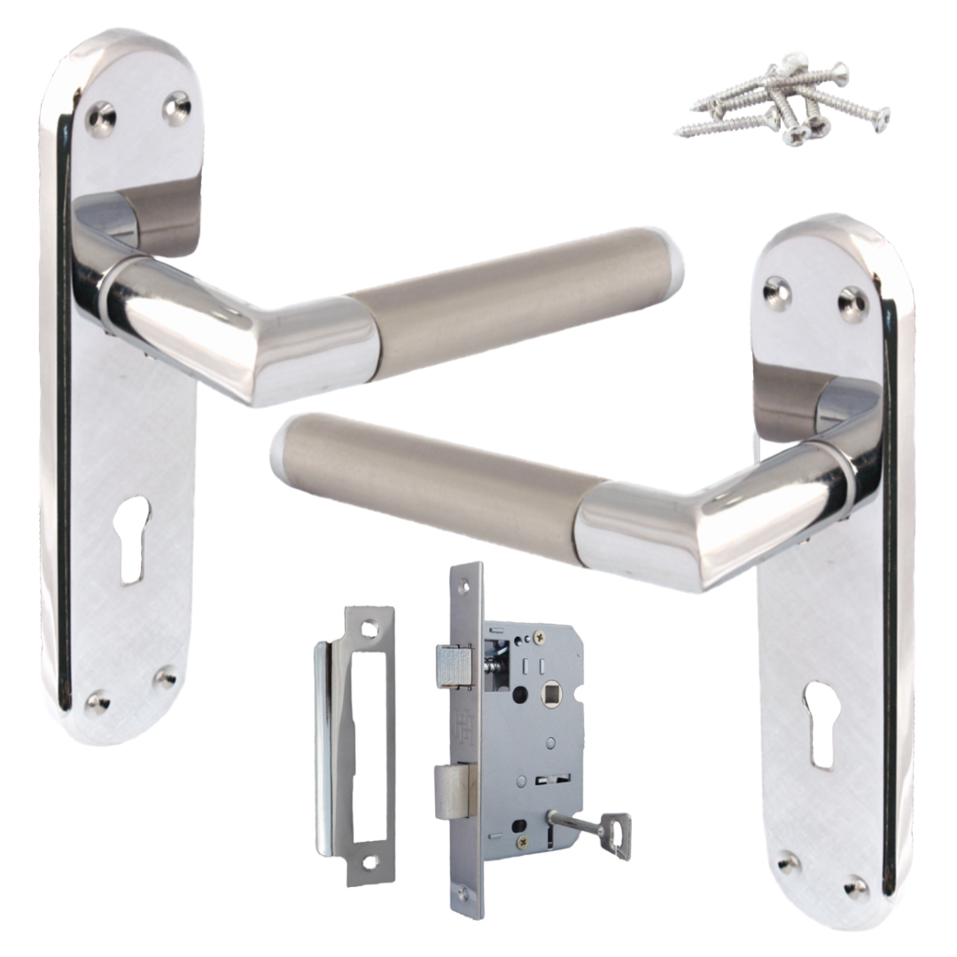Pack de poignées de porte à levier droit à onglet Duo - Chrome satiné 180 mm x 40 mm