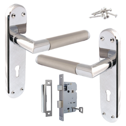 Door Handles Pack Mitred Straight Lever Lock Set Duo - Chrome Satin 180mm x 40mm