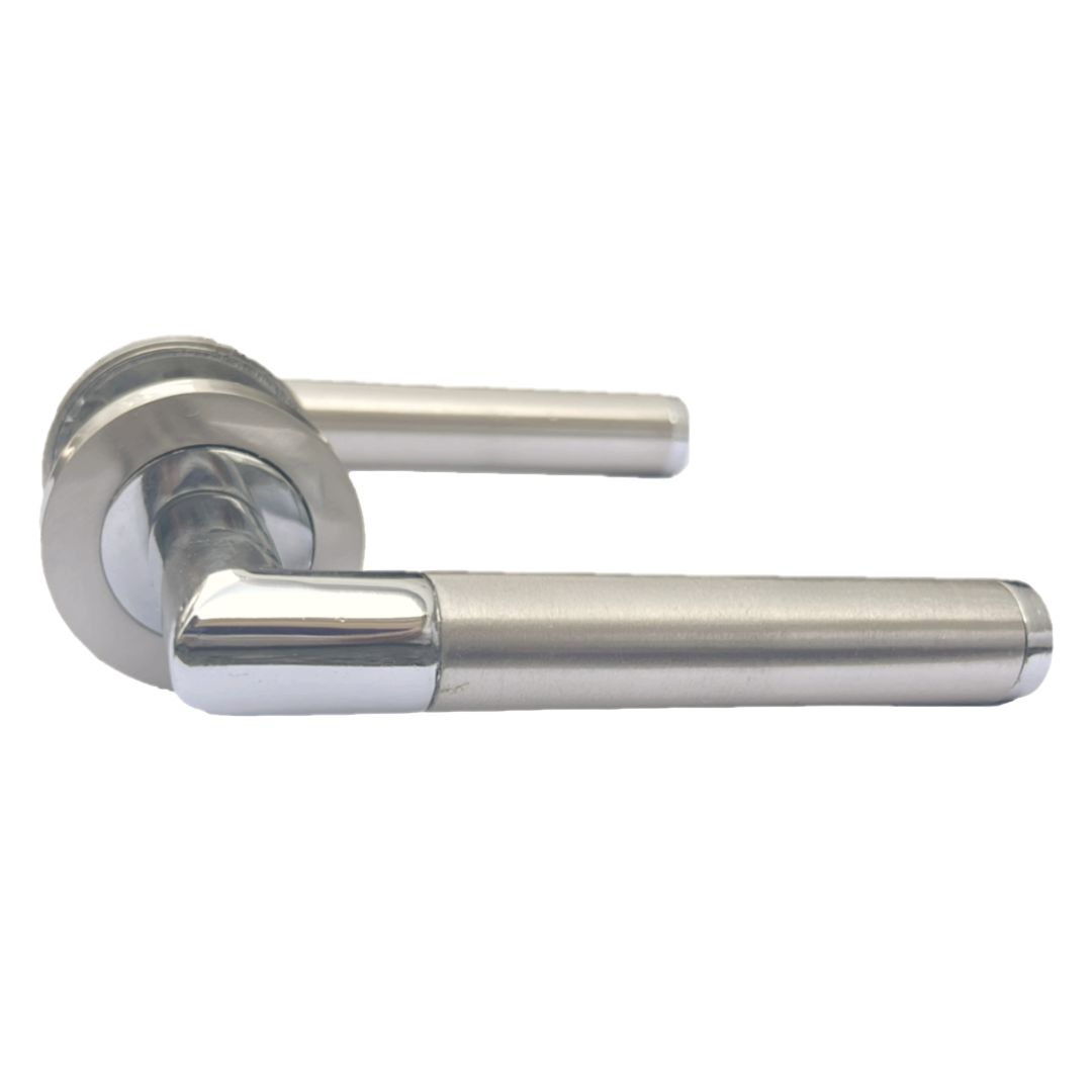 Straight Lever Rose Door Handles, Mitred Bathroom Thumbturn Lock Set, Duo Chrome Satin