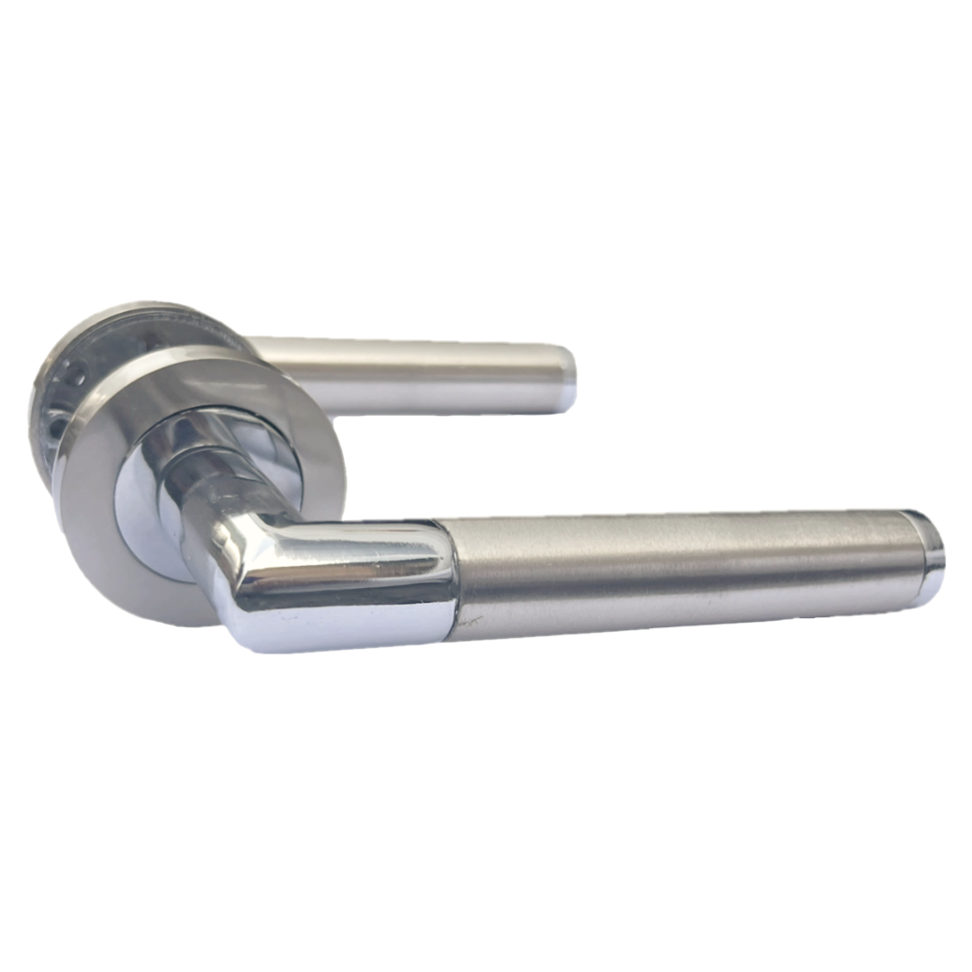 Straight Lever Rose Door Handles, Mitred Bathroom Thumbturn Lock Set, Duo Chrome Satin