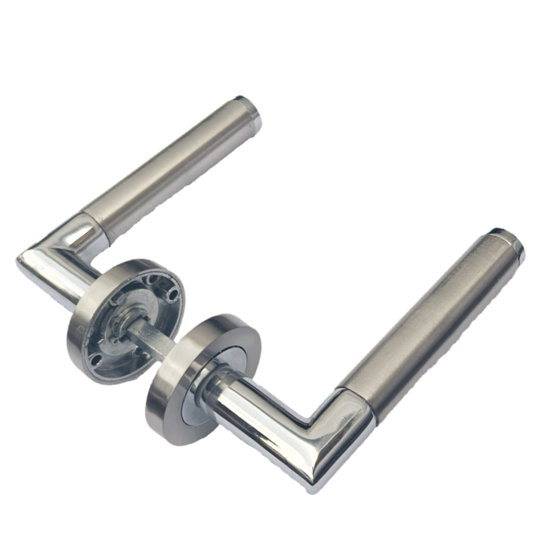 Straight Lever Rose Door Handles, Mitred Bathroom Thumbturn Lock Set, Duo Chrome Satin