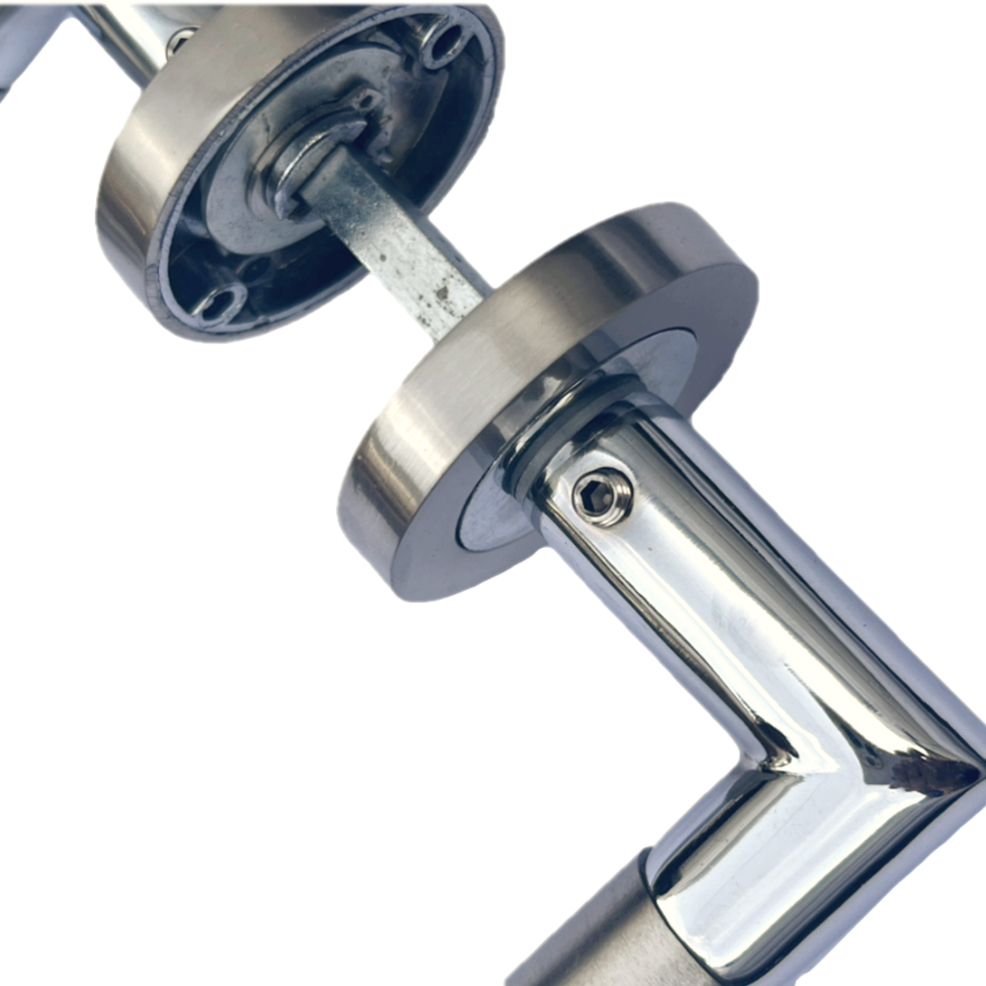 Straight Lever Rose Door Handles, Mitred Bathroom Thumbturn Lock Set, Duo Chrome Satin