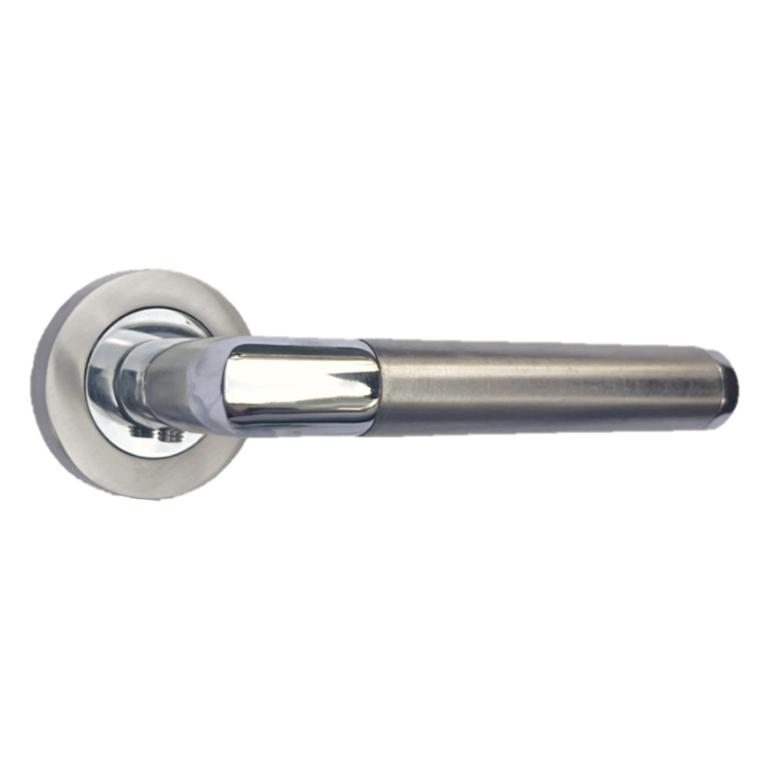 Straight Lever Rose Door Handles, Mitred Bathroom Thumbturn Lock Set, Duo Chrome Satin