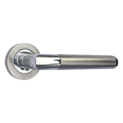 Straight Lever Rose Door Handles, Mitred Bathroom Thumbturn Lock Set, Duo Chrome Satin