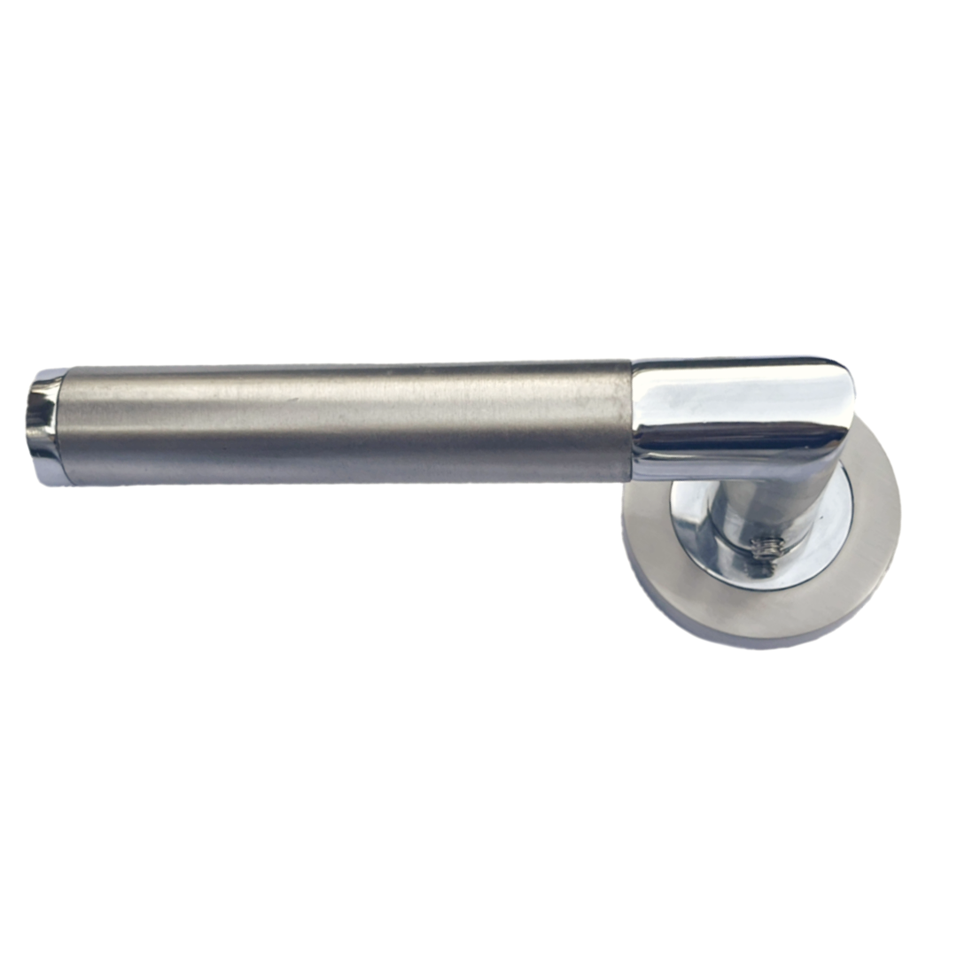 Straight Lever Rose Door Handles, Mitred Bathroom Thumbturn Lock Set, Duo Chrome Satin