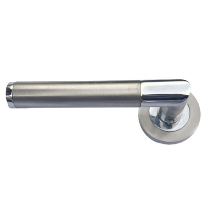 Straight Lever Rose Door Handles, Mitred Bathroom Thumbturn Lock Set, Duo Chrome Satin
