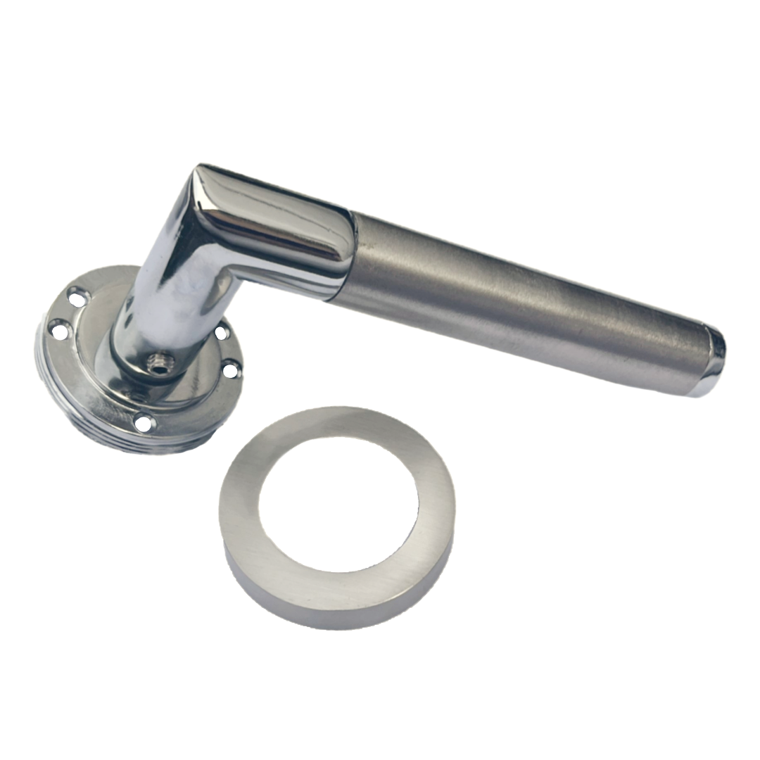 Straight Lever Rose Door Handles, Mitred Bathroom Thumbturn Lock Set, Duo Chrome Satin