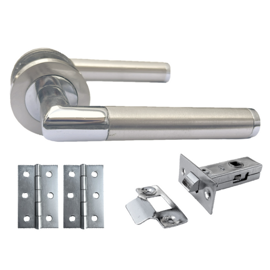 Poignées de porte à levier droites, rosaces, double onglet, chrome satiné, loquet et charnières de 64 mm