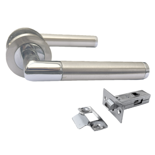Poignées de porte à levier droites, rosaces, double onglet, chrome satiné, loquet de 64 mm