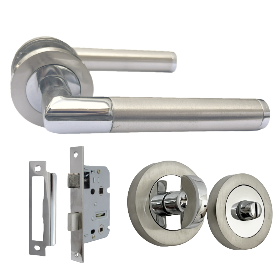 Straight Lever Rose Door Handles, Mitred Bathroom Thumbturn Lock Set, Duo Chrome Satin