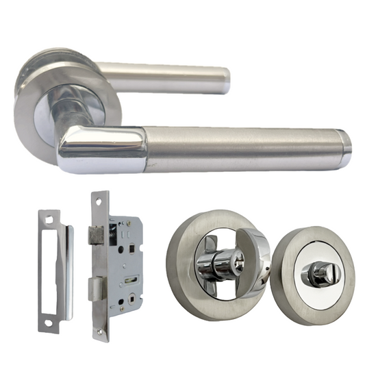 Straight Lever Rose Door Handles, Mitred Bathroom Thumbturn Lock Set, Duo Chrome Satin