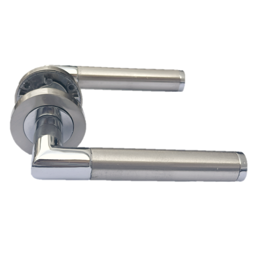 Straight Lever Rose Door Handles, Mitred Bathroom Thumbturn Lock Set, Duo Chrome Satin