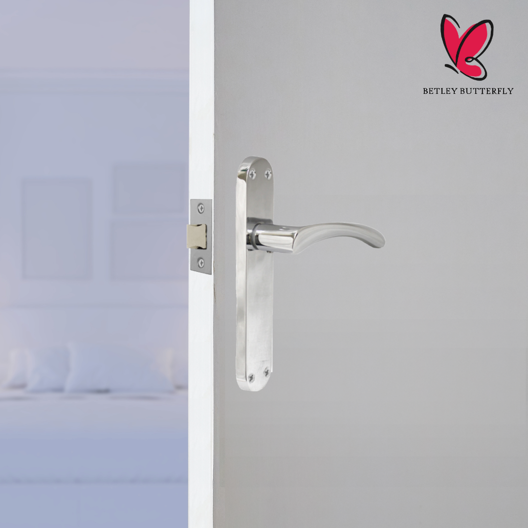 Poignées de porte Monja Astrid à levier arqué, charnières à loquet chromées polies, pack