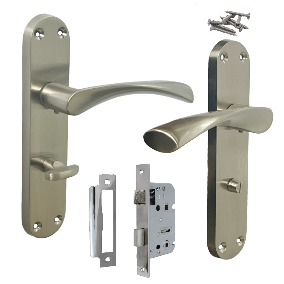 Monja Astrid Door Handles Arched Lever Satin Bathroom Lock Pack