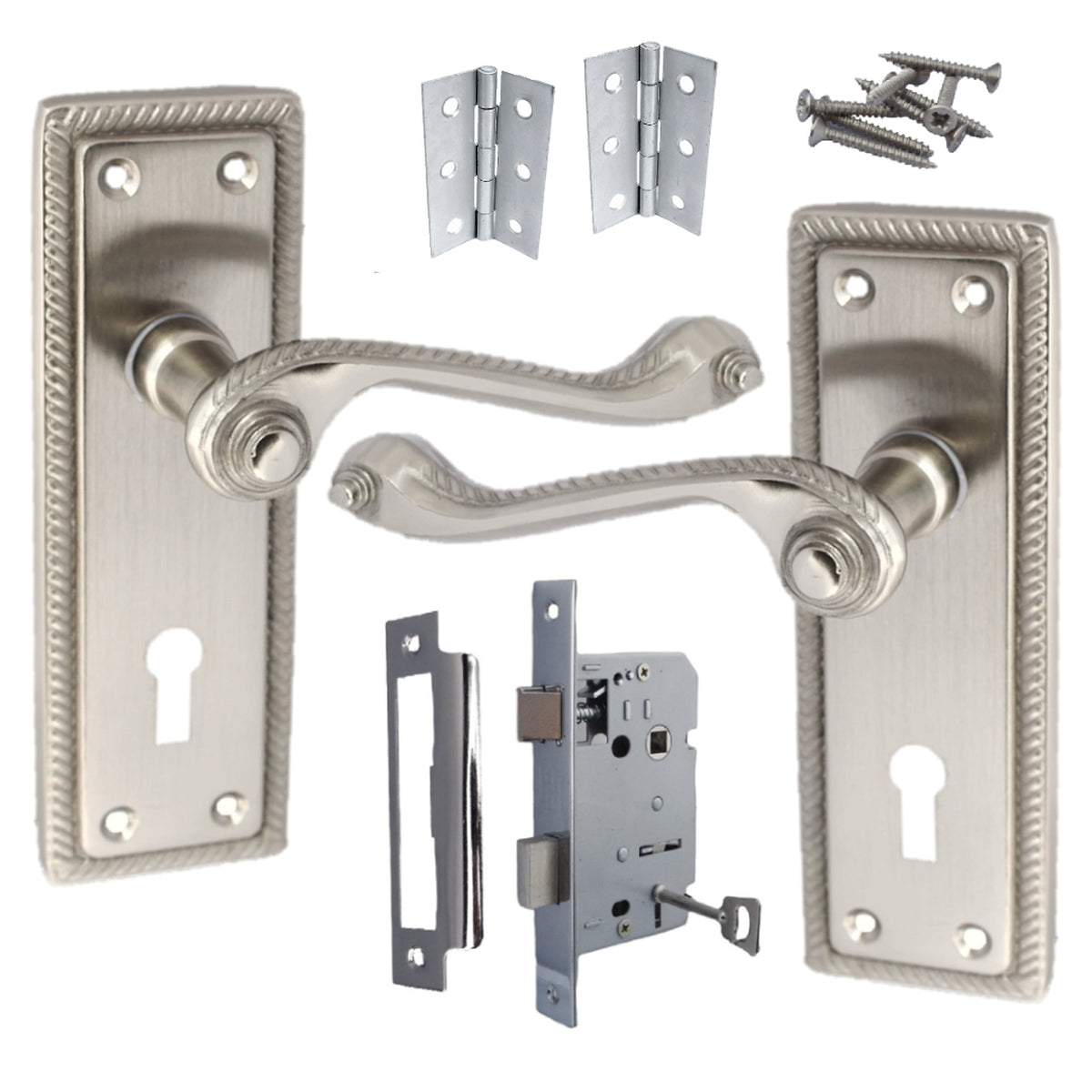 Marketplace JPG companion for Georgian Roped Door Handle Satin, Lock Door Handles Lever Lock Set Hinges Pack - 3"