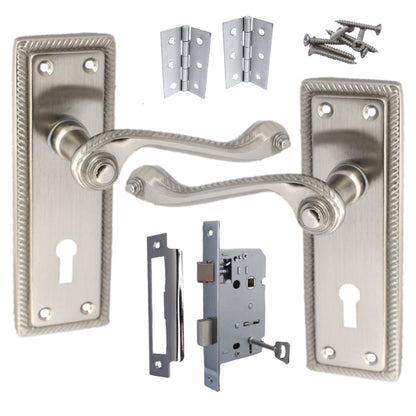 Marketplace JPG companion for Georgian Roped Door Handle Satin, Lock Door Handles Lever Lock Set Hinges Pack - 3"