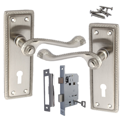 Georgian Roped Door Handle Satin, Lock Door Handles Lever Lock Set
