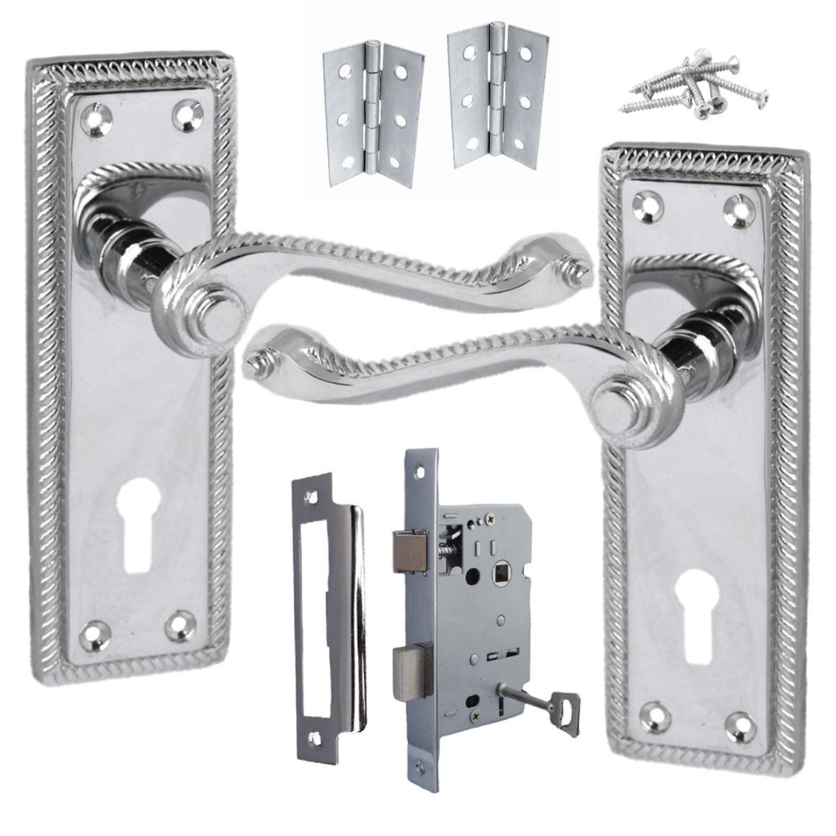 Marketplace JPG companion for Georgian Roped Door Handle Chrome, Lock Door Handles Lever Lock Set Hinges Pack - 3"