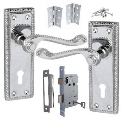 Marketplace JPG companion for Georgian Roped Door Handle Chrome, Lock Door Handles Lever Lock Set Hinges Pack - 3"