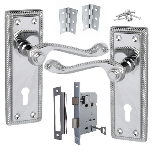 Poignée de porte géorgienne en corde chromée, ensemble de poignées de porte à levier et charnières