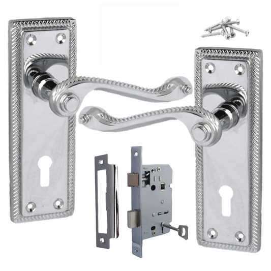 Georgian Door Handles Key Lock, Pair Chrome 150mm x 48mm Backplate WITH LOCK
