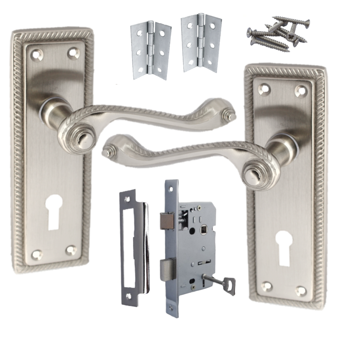 Georgian Roped Door Handle Satin, Lock Door Handles Lever Lock Set Hinges Pack