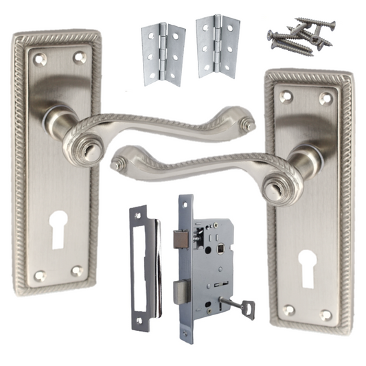 Georgian Roped Door Handle Satin, Lock Door Handles Lever Lock Set Hinges Pack