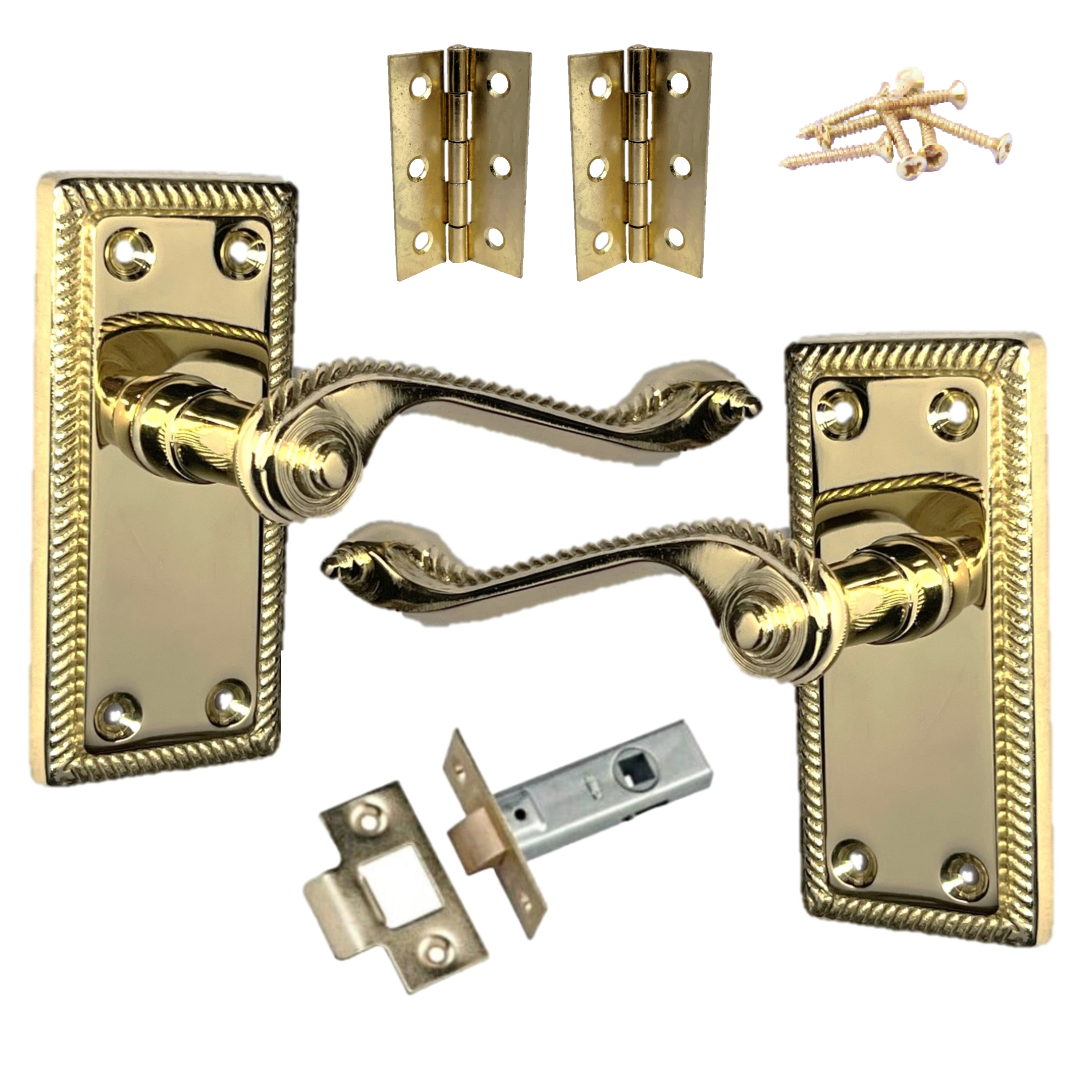 Poignées de porte à loquet de style géorgien en laiton, paire de charnières et loquets de 7,6 cm (3 po)
