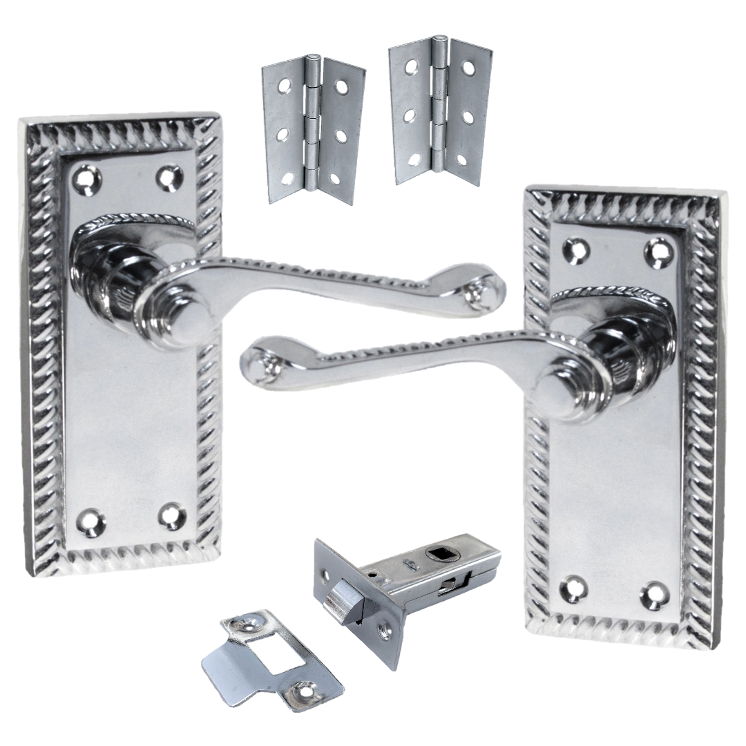 Georgian Handle Latch Door Handles Chrome, Pair of 3" Hinges & Latches Pack Sets