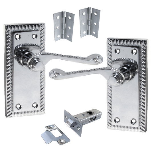 Georgian Handle Latch Door Handles Chrome, Pair of 3" Hinges & Latches Pack Sets