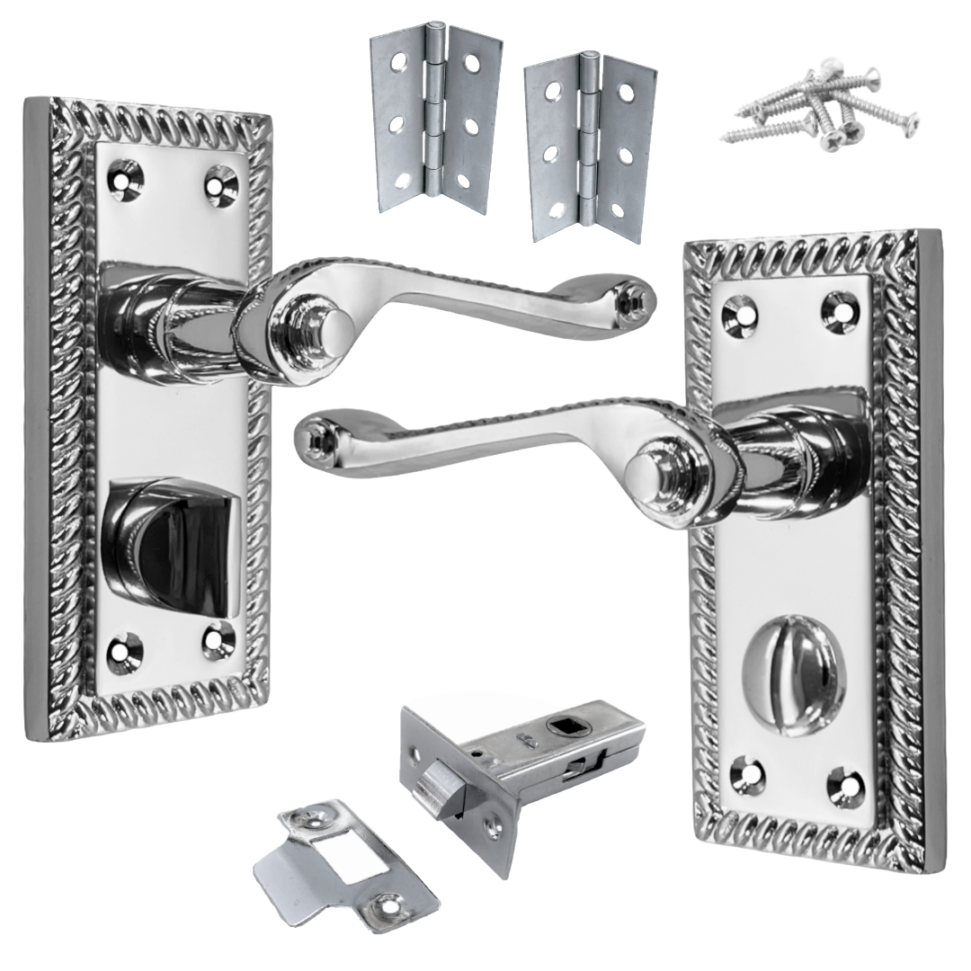 Poignées de porte géorgiennes pour WC et salle de bain, chromées, 108 mm x 48 mm, levier à défilement