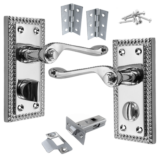 Poignées de porte géorgiennes pour WC et salle de bain, chromées, 108 mm x 48 mm, levier à défilement