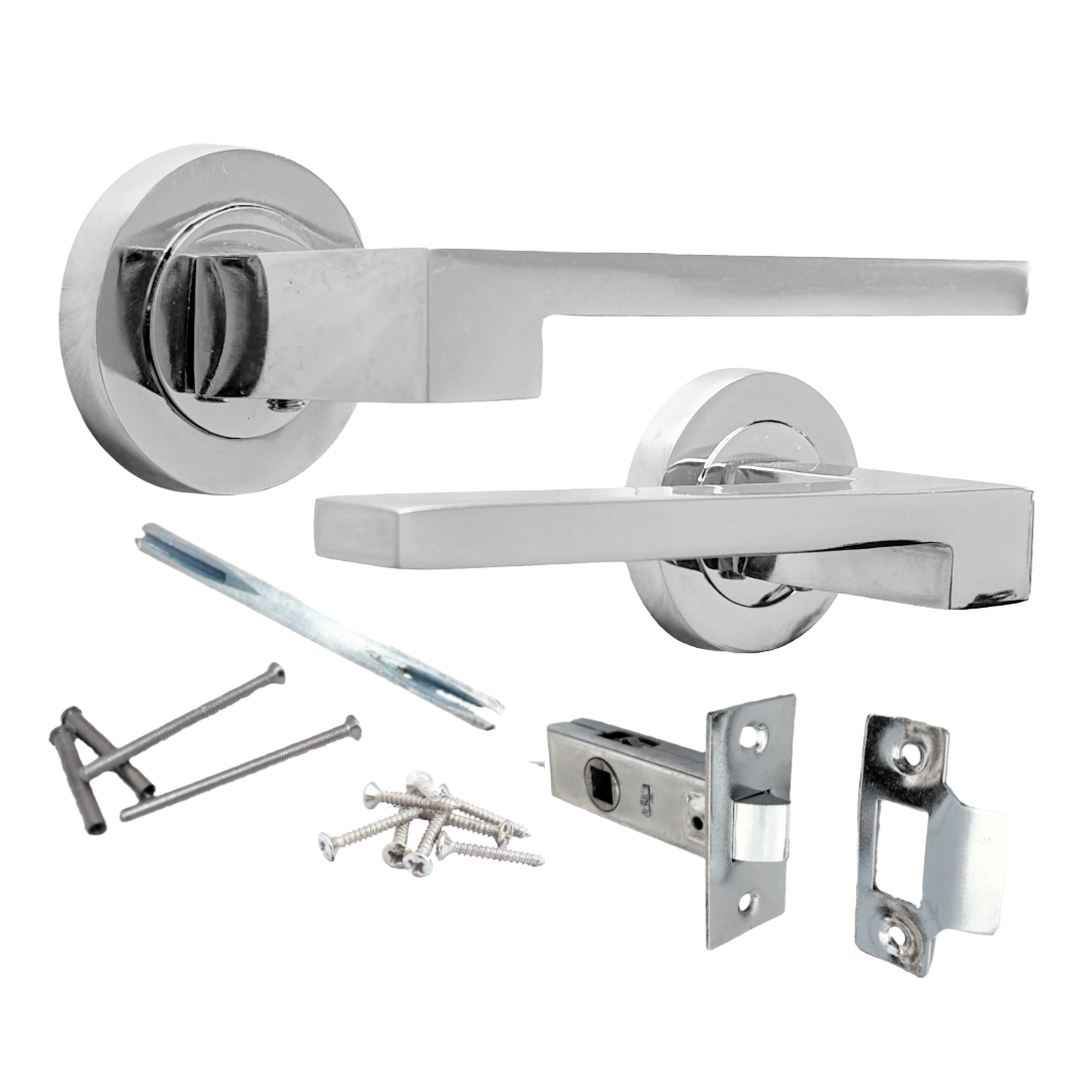 UNO-3 Door Handle Modern Polished Chrome Lever on Rose Internal Doors Handles + 64mm Latch