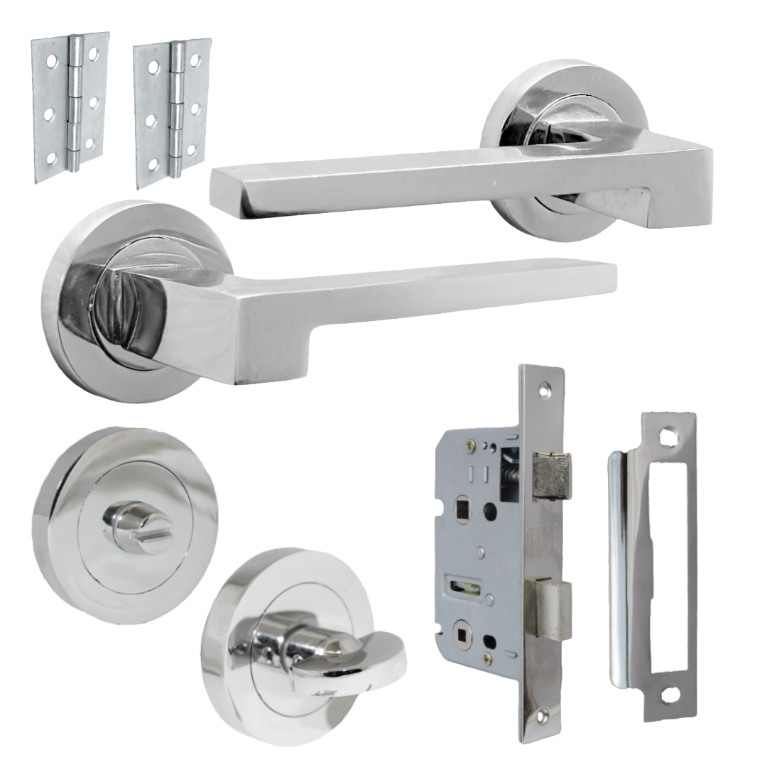 UNO-3 Door Handle Bathroom Set Modern Polished Chrome Lever on Rose Internal Thumbturn Pack