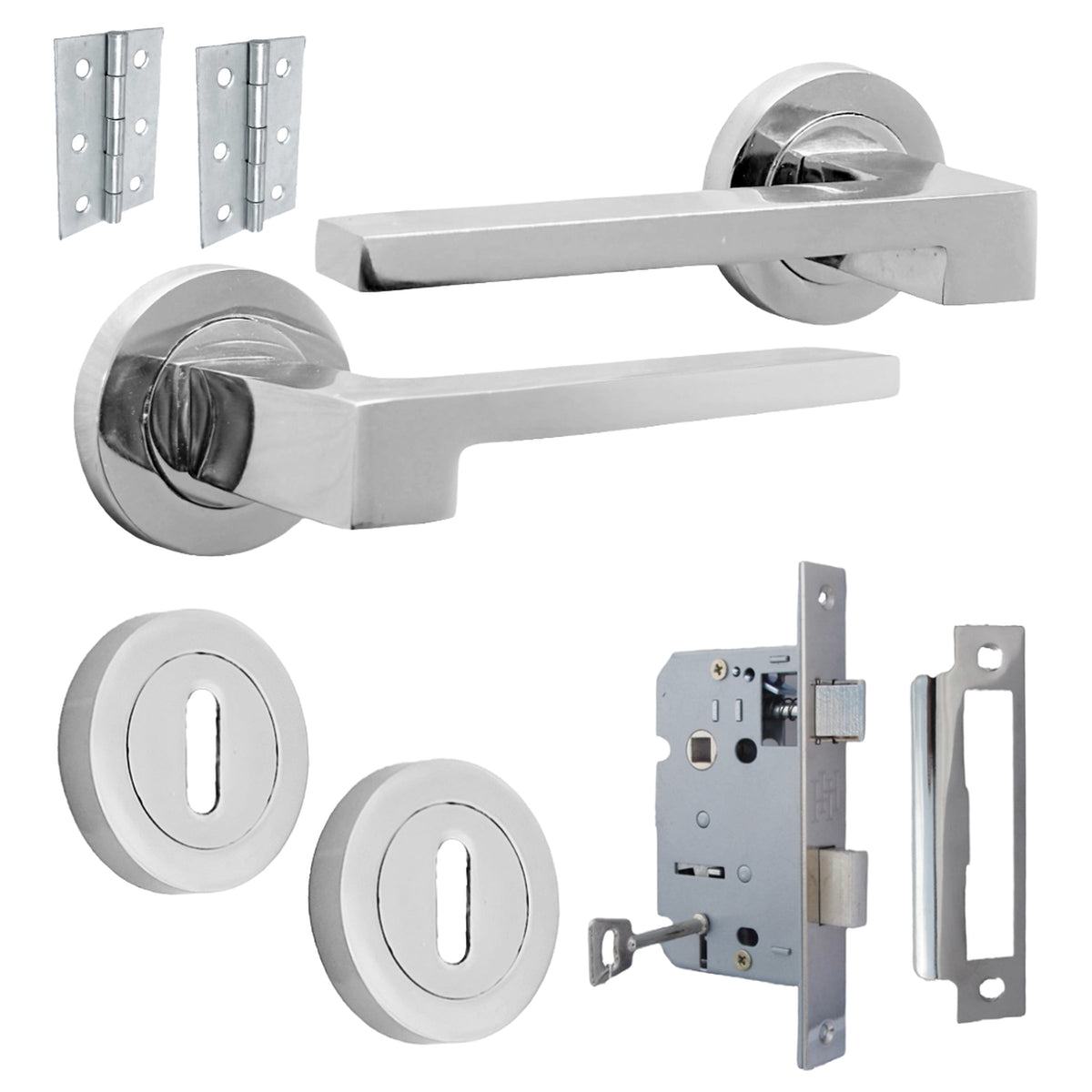 Marketplace JPG companion for UNO-3 Door Handle Lock Key Set Modern Polished Chrome Lever on Rose Internal Escutcheon Pack
