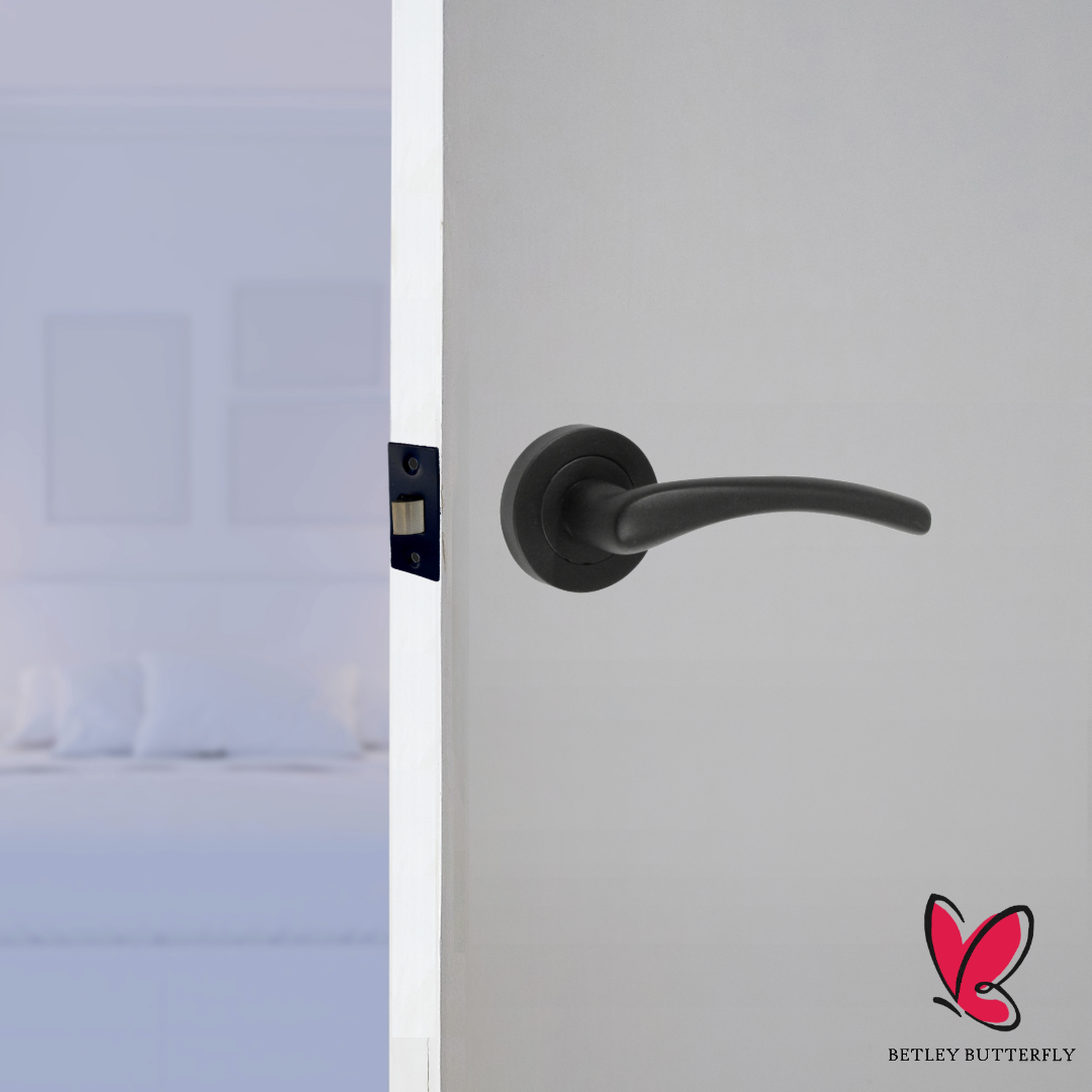 Zena Door Handle Modern Design Matt Black Lever on Rose Internal Latch Handles