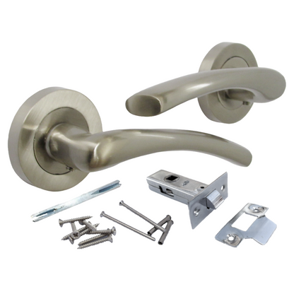 Zena Door Handle Modern Design Satin Nickel Lever on Rose Internal + Latch