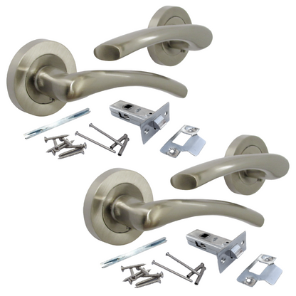 Zena Door Handle Modern Design Satin Nickel Lever on Rose Internal + Latch